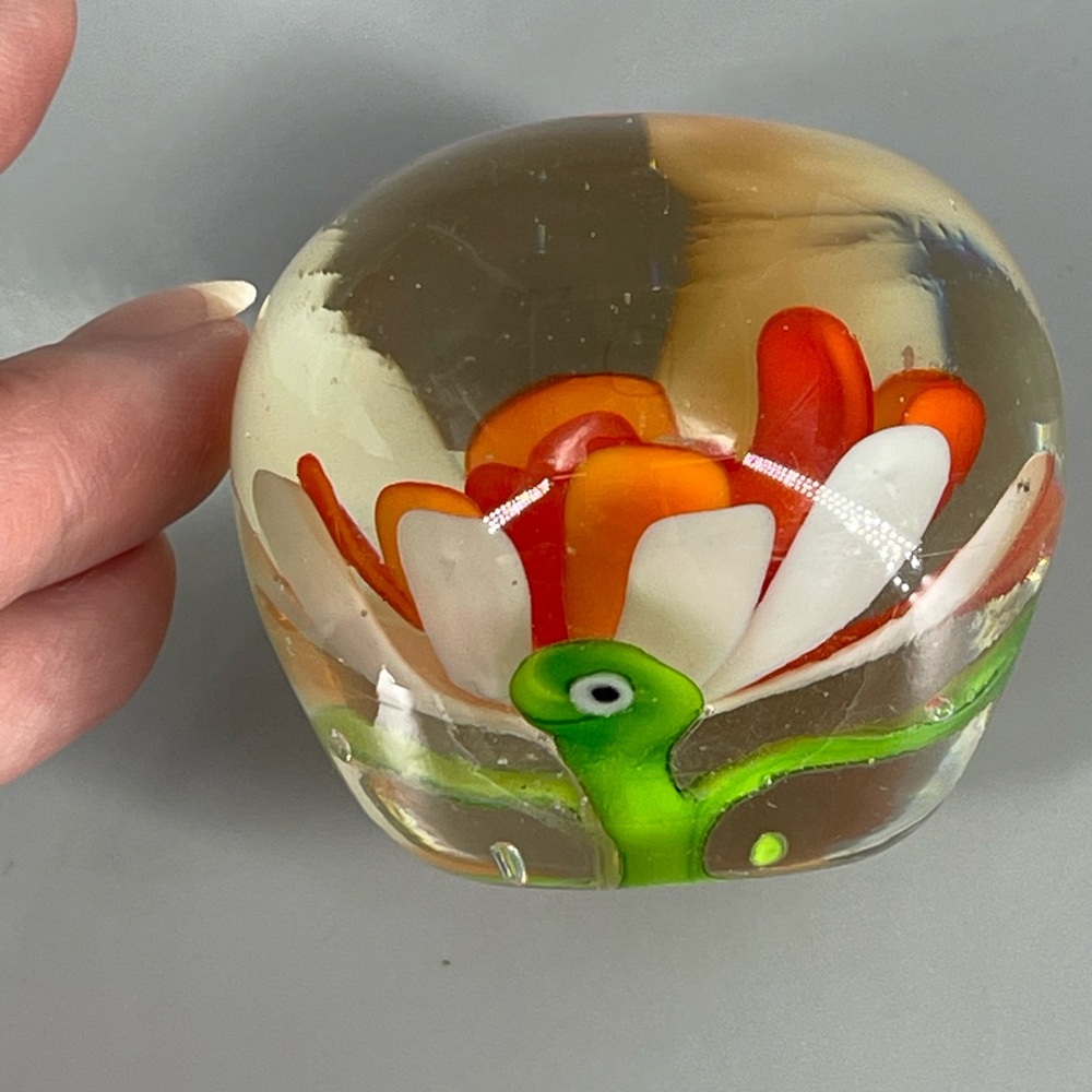 Blown Art Glass Paperweight with Orange Flower and Turtle